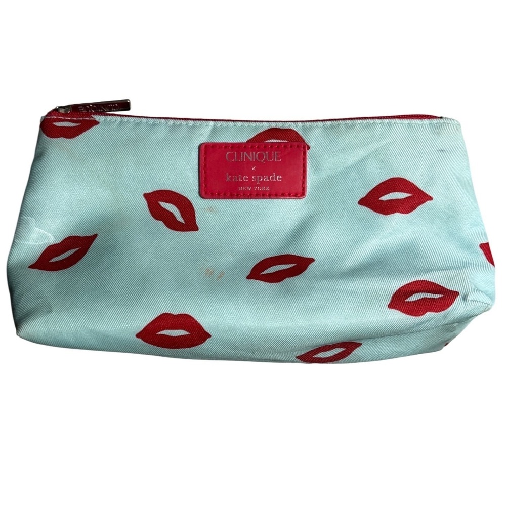 Clinique x Kate Spade Makeup Bag Mint Green Red Lips Cosmetic Pouch Travel‎ Case